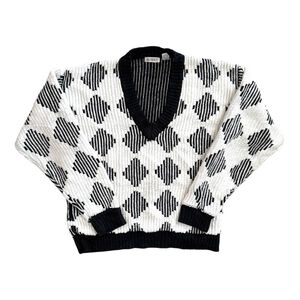 Vintage 80s 90s Koman Textured Argyle Check V-Neck Sweater Medium